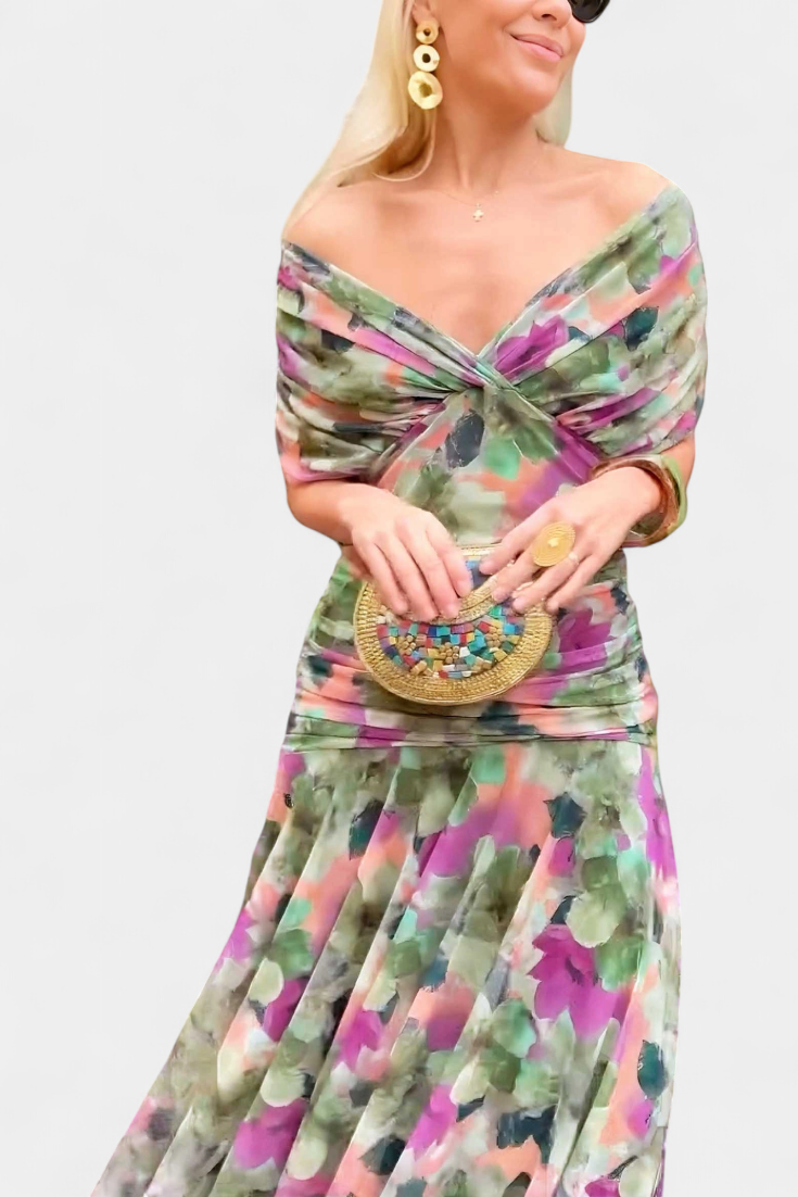 Samantha | Women's Pleated Off-Shoulder Maxi Dress-The Yellow Prime