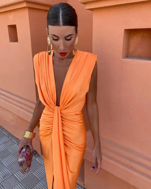 Sandra | Women's Pleated Maxi Dress with Long Sleeves-The Yellow Prime