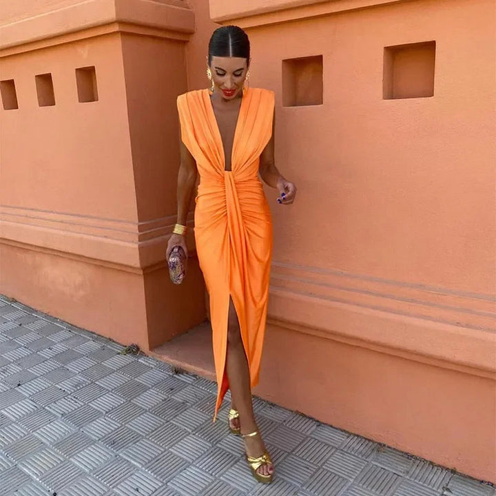 Sandra | Women's Pleated Maxi Dress with Long Sleeves-The Yellow Prime