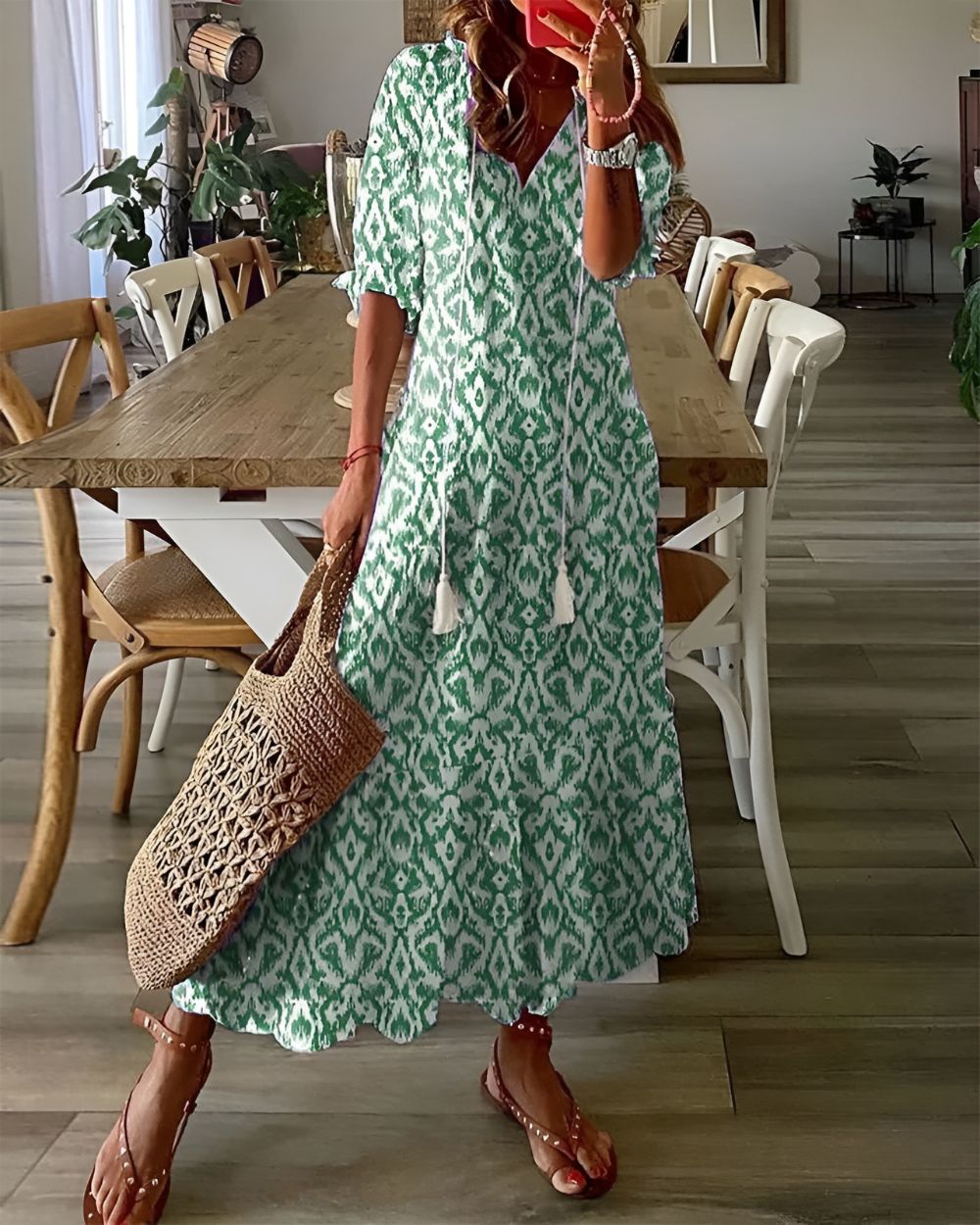 Sarah | Women's Maxi Dress with Printed Tassels and V-Neck-The Yellow Prime
