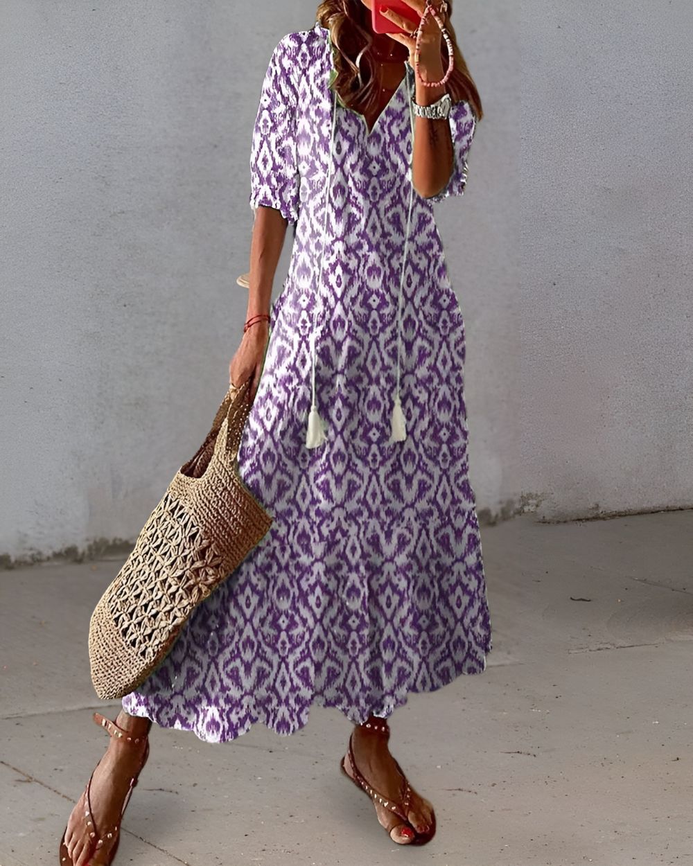 Sarah | Women's Maxi Dress with Printed Tassels and V-Neck-The Yellow Prime