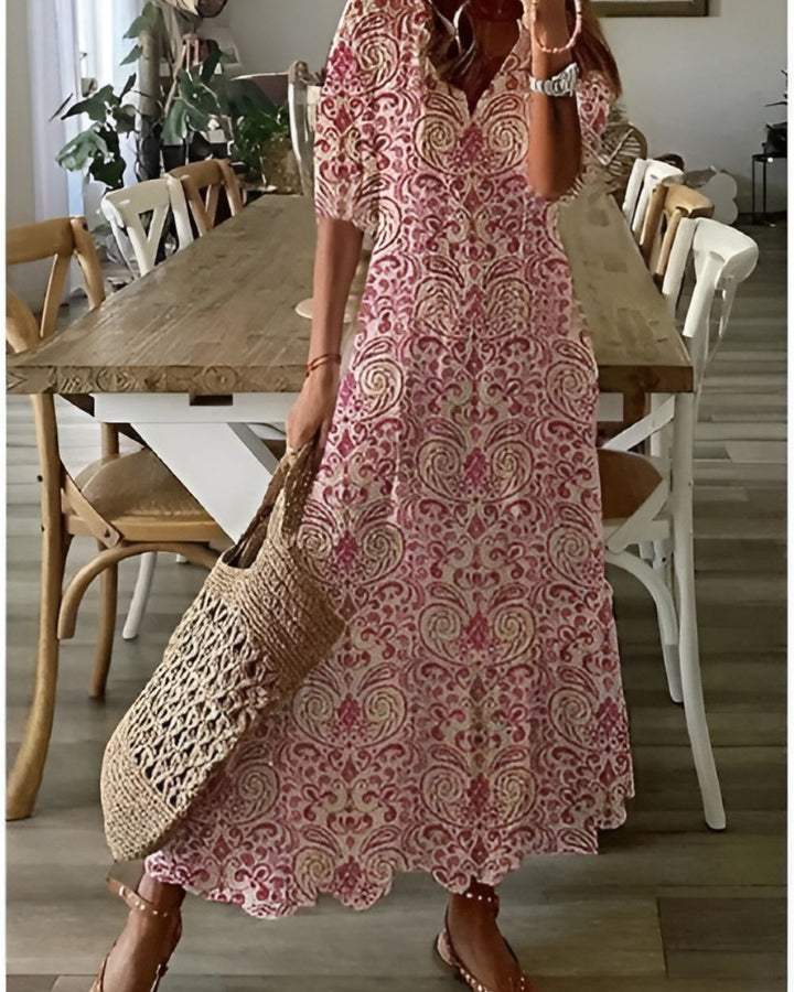 Sarah | Women's Maxi Dress with Printed Tassels and V-Neck-The Yellow Prime
