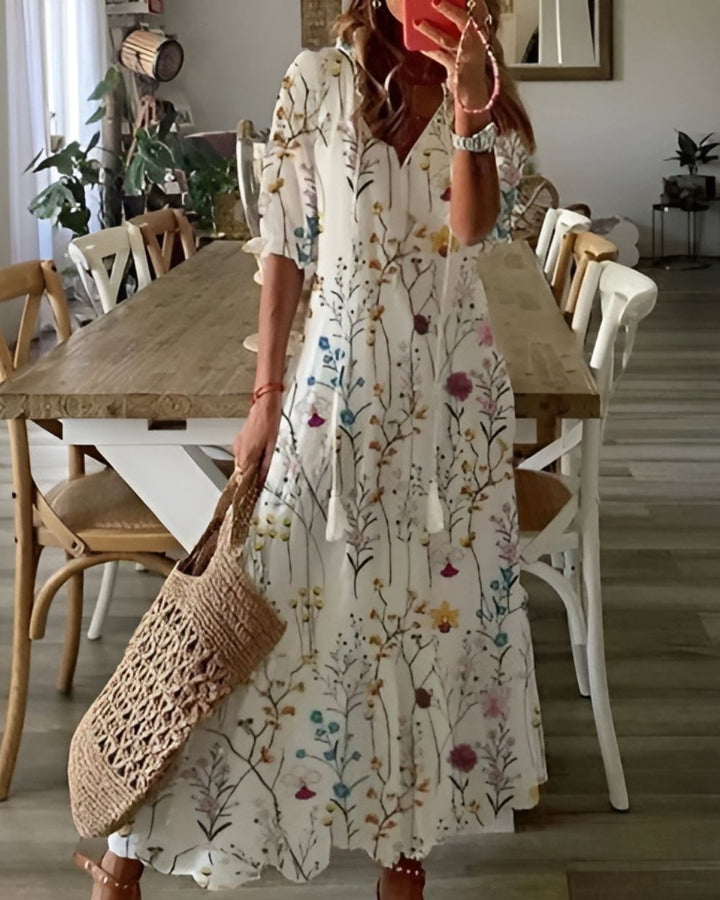 Sarah | Women's Maxi Dress with Printed Tassels and V-Neck-The Yellow Prime