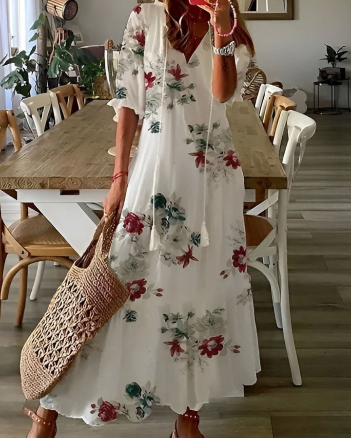 Sarah | Women's Maxi Dress with Printed Tassels and V-Neck-The Yellow Prime