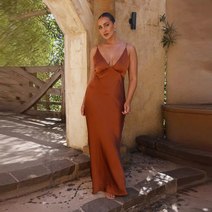 Women's Satin Look Sleeveless Maxi Dress with Full-Length Design-The Yellow Prime