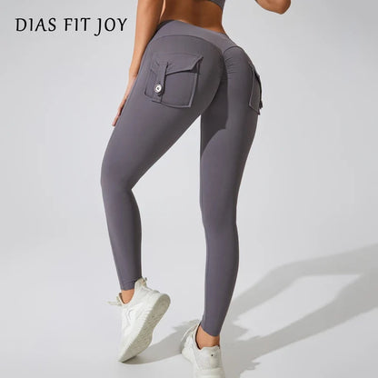 Andningsbara yogabyxor för kvinnor med ficka för rumpan, sportleggings i nylon
