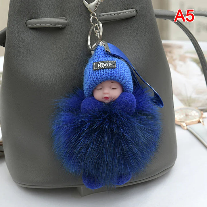 Women's Cute Pompom Sleeping Baby Plush Keychain Bag Charm-The Yellow Prime
