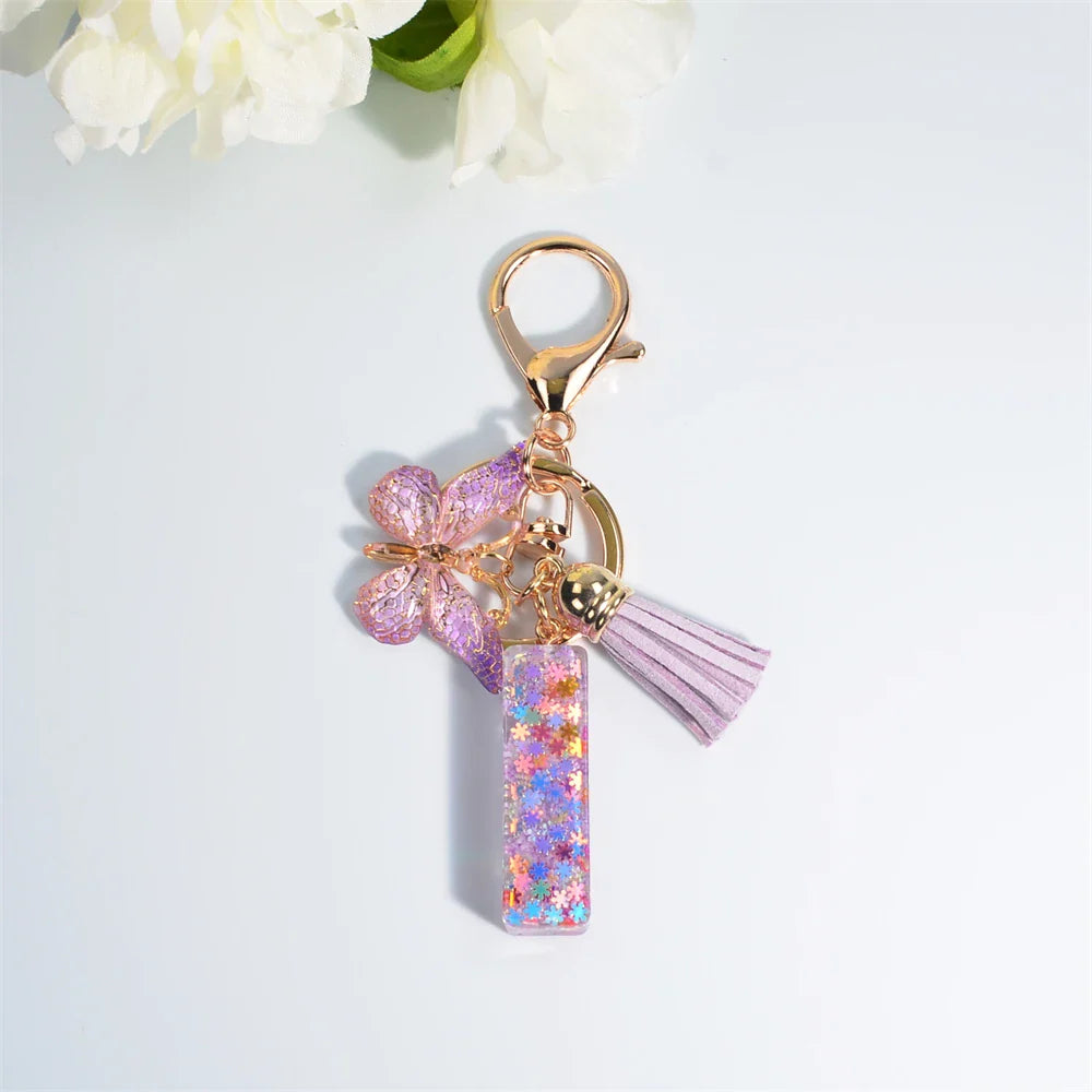 Women's Sequin Letter Keychain with Butterfly Tassel Charm-The Yellow Prime