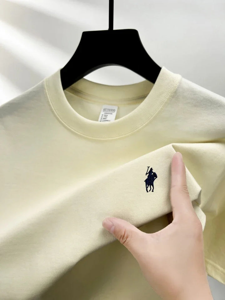 Men's Cotton Short Sleeve Round Neck T-Shirt with Pony Embroidery-The Yellow Prime
