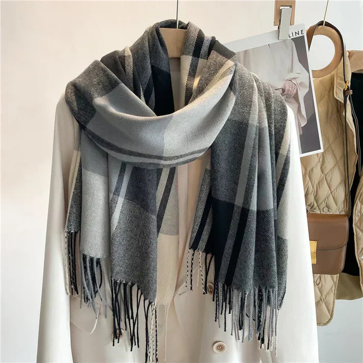 Women's Oversized Check Scarf - Soft Wool with Fringed Edges-The Yellow Prime
