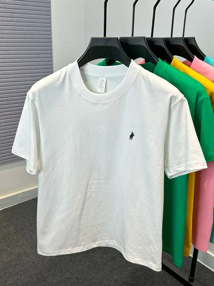 Men's Cotton Short Sleeve Round Neck T-Shirt with Pony Embroidery-The Yellow Prime