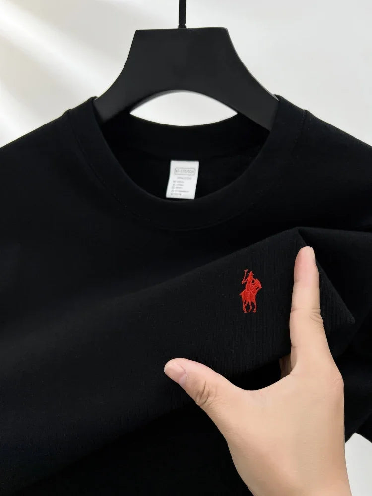 Men's Cotton Short Sleeve Round Neck T-Shirt with Pony Embroidery-The Yellow Prime