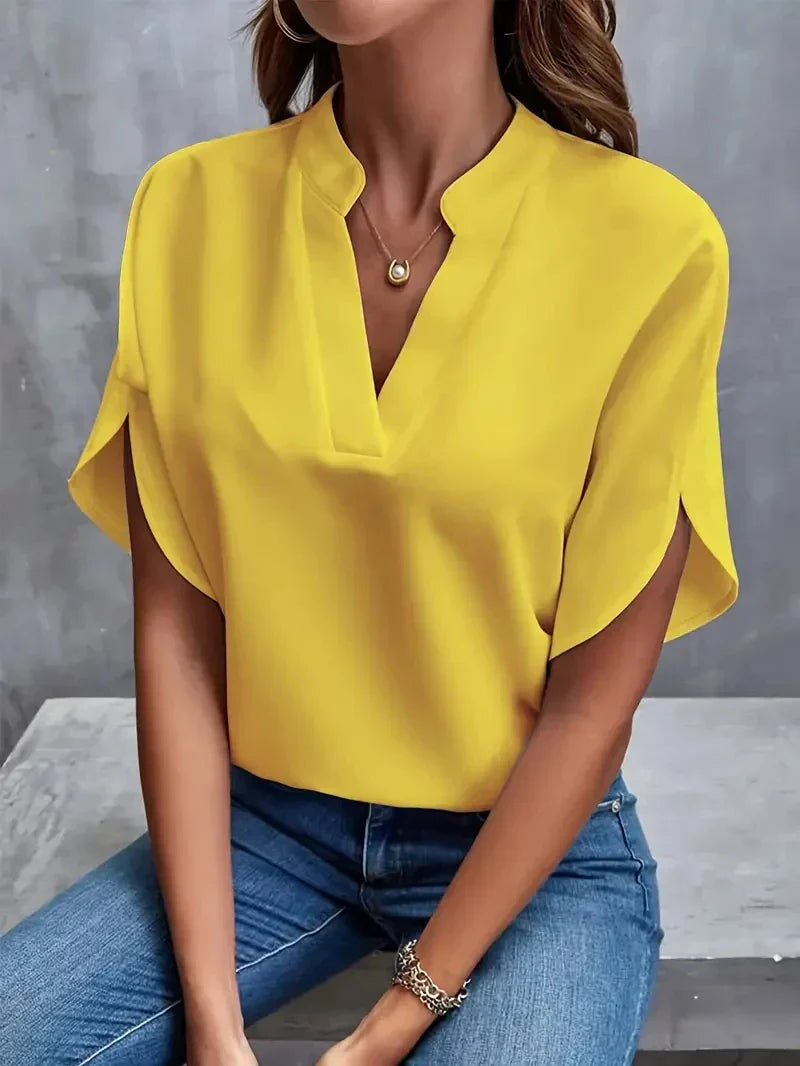 Women's V-Neck Blouse with Side Slits-The Yellow Prime