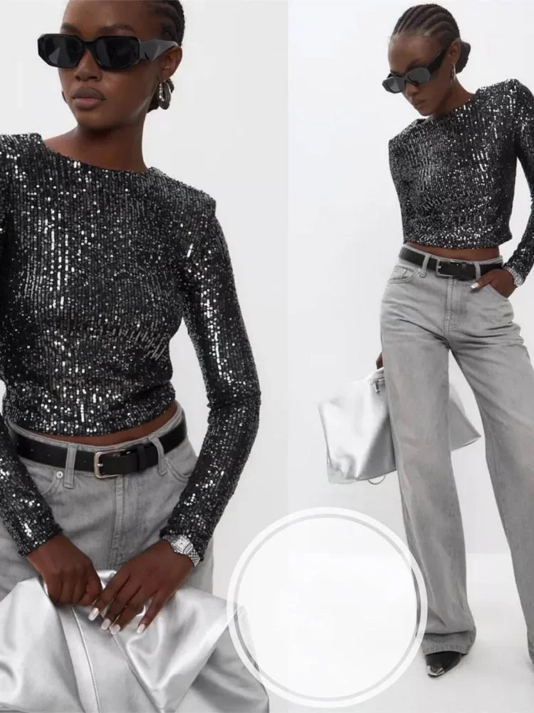 Women's Elegant Sequin Cropped Top-The Yellow Prime