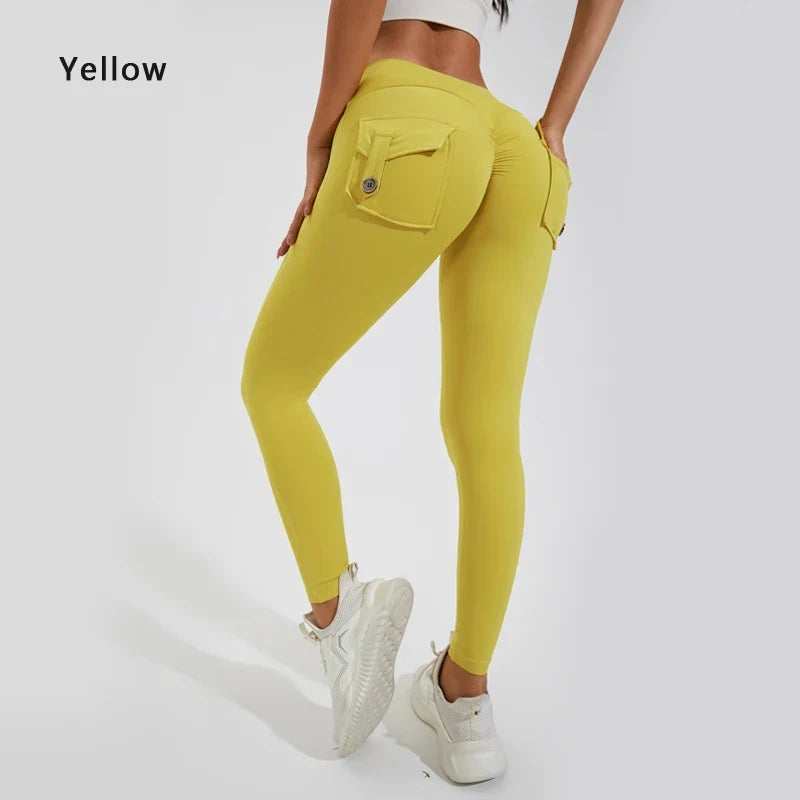 Andningsbara yogabyxor för kvinnor med ficka för rumpan, sportleggings i nylon