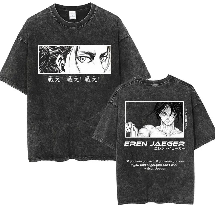 Men's Vintage Washed Anime Print T-shirt with Wings of Freedom Design-The Yellow Prime