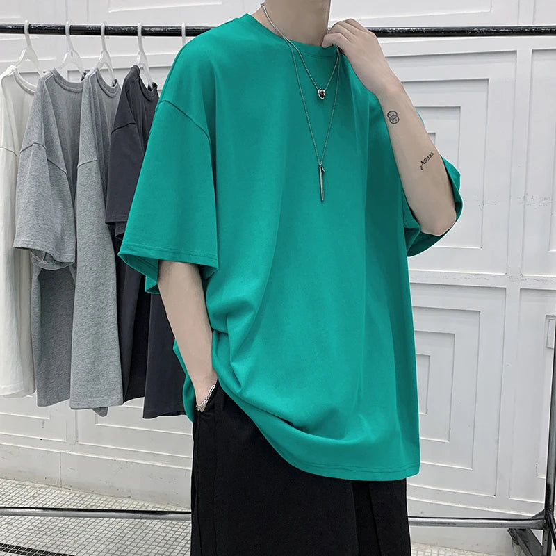 Men's Oversized Summer Short Sleeve Cotton T-Shirt in Solid Colors-The Yellow Prime