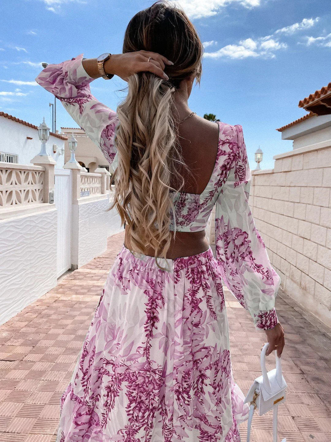 Women’s Elegant Maxi Dress – Long-Sleeved Leaf Print with Flowing Fit-The Yellow Prime