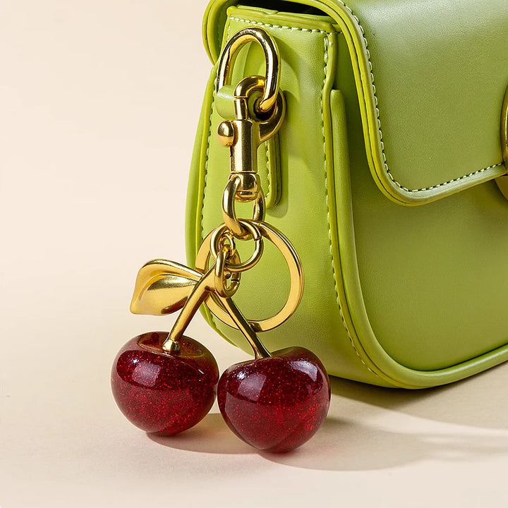 Women's Red Cherry Keychain Bag Charm with Gold Leaf Clasp-The Yellow Prime