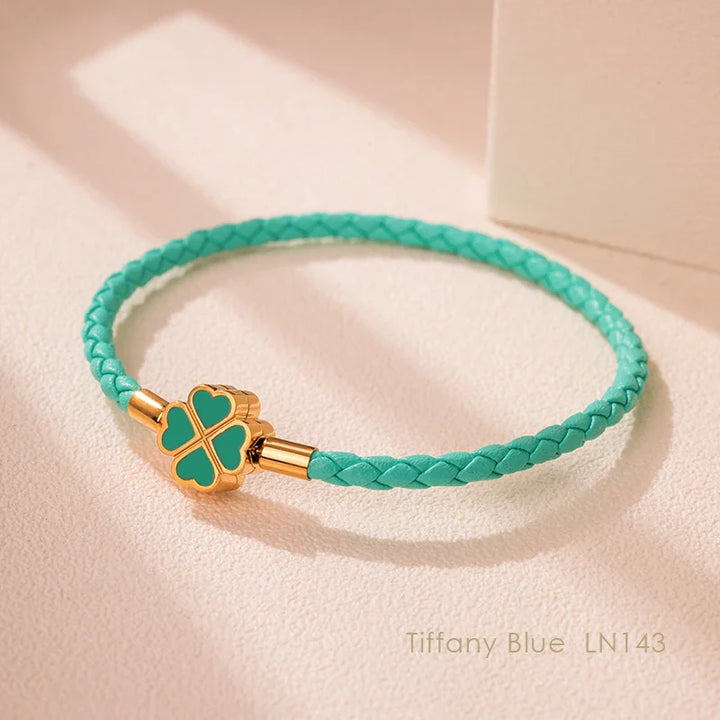 Women's Braided Leather Lucky Bracelet with Four Leaf Clover-The Yellow Prime
