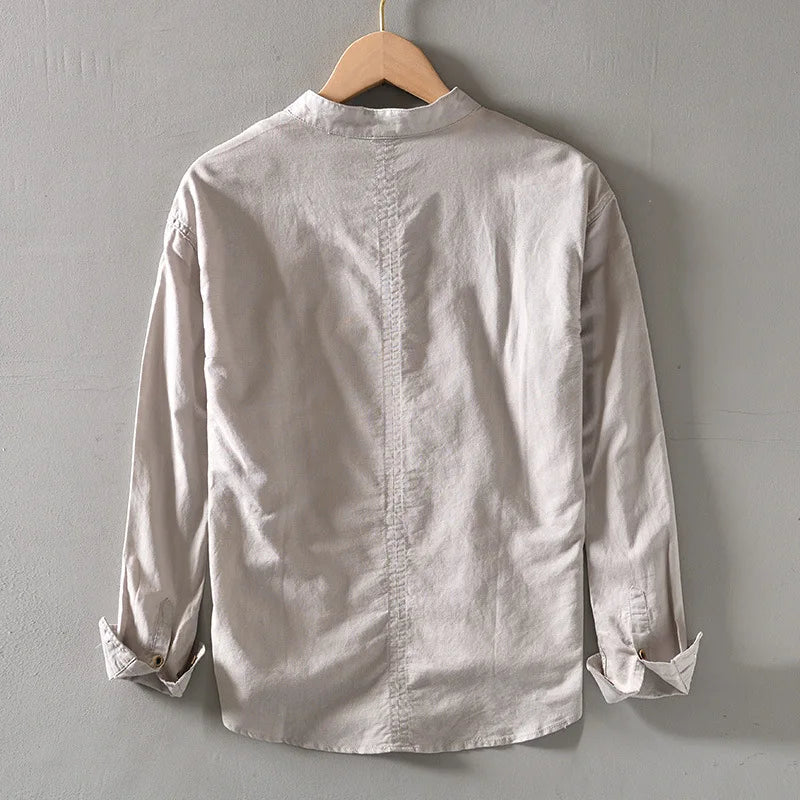 Men's Linen Mandarin Collar Shirt-The Yellow Prime