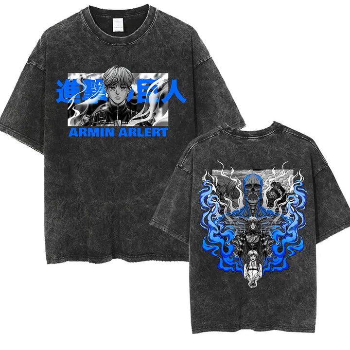 Men's Vintage Washed Anime Print T-shirt with Wings of Freedom Design-The Yellow Prime
