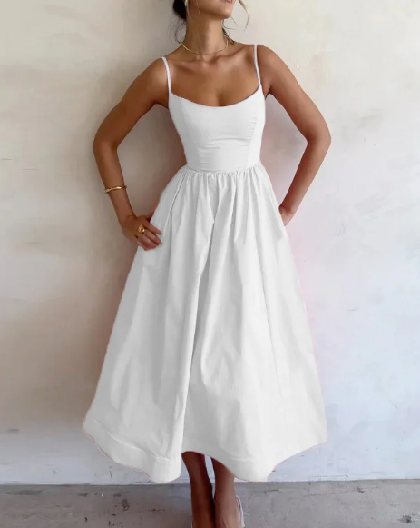 Women's Midi Dress with Spaghetti Straps - Elegant Summer Style-The Yellow Prime