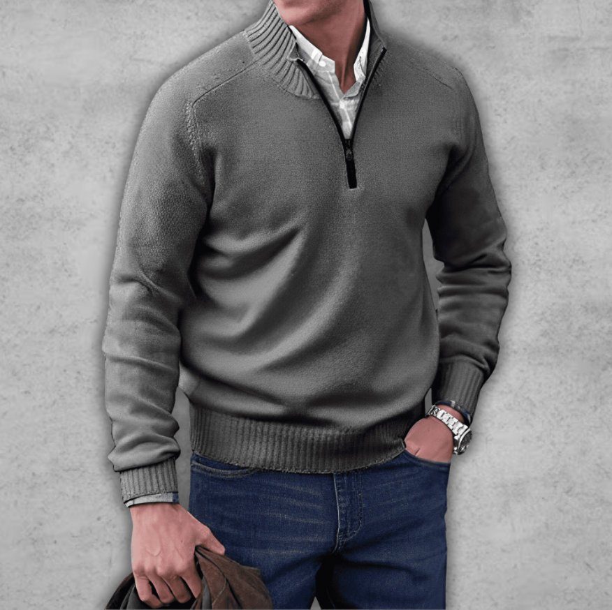 Weicher klassischer Herren-Pullover mit Viertelreißverschluss – gerippte Baumwolle