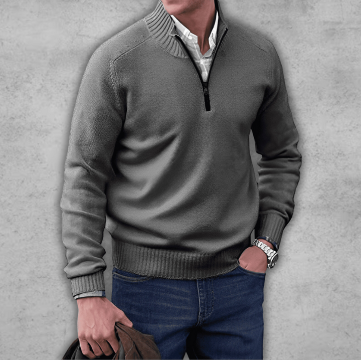 Weicher klassischer Herren-Pullover mit Viertelreißverschluss – gerippte Baumwolle