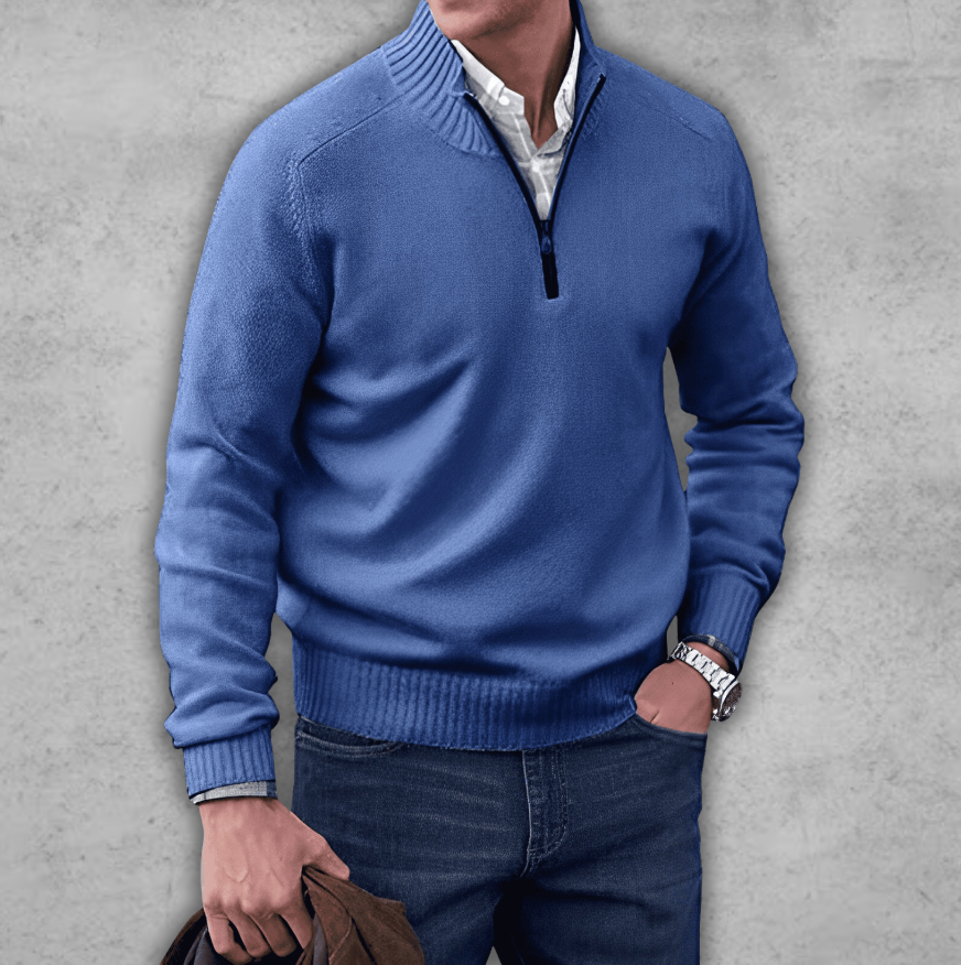 Weicher klassischer Herren-Pullover mit Viertelreißverschluss – gerippte Baumwolle