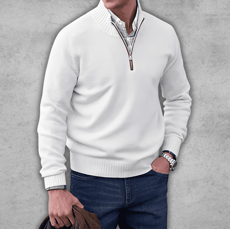 Weicher klassischer Herren-Pullover mit Viertelreißverschluss – gerippte Baumwolle
