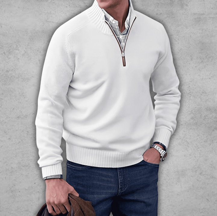 Weicher klassischer Herren-Pullover mit Viertelreißverschluss – gerippte Baumwolle