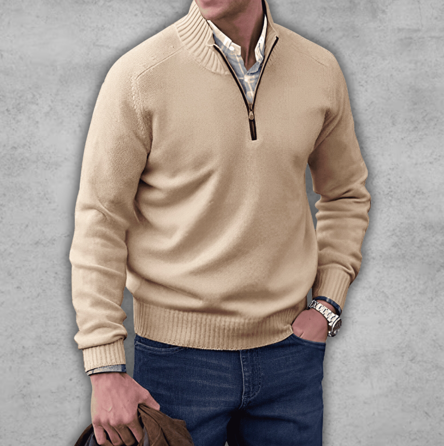 Weicher klassischer Herren-Pullover mit Viertelreißverschluss – gerippte Baumwolle