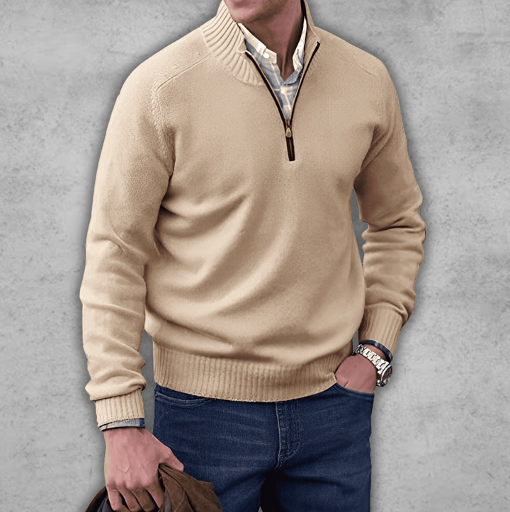 Weicher klassischer Herren-Pullover mit Viertelreißverschluss – gerippte Baumwolle