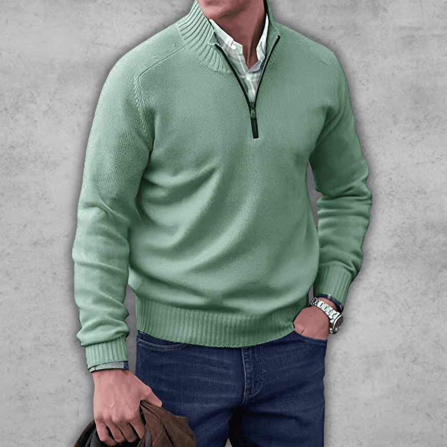Weicher klassischer Herren-Pullover mit Viertelreißverschluss – gerippte Baumwolle