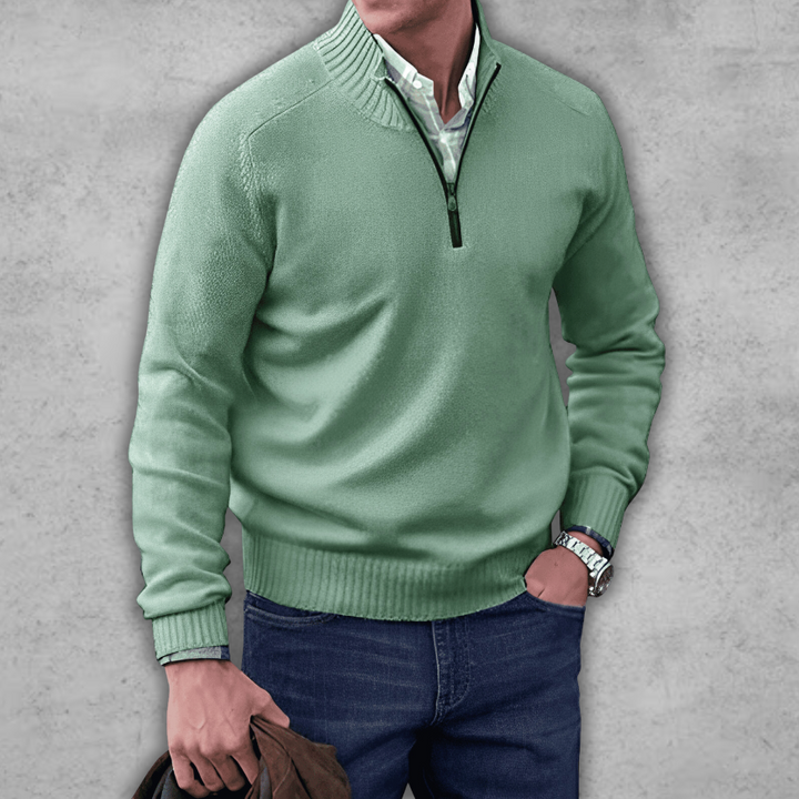 Weicher klassischer Herren-Pullover mit Viertelreißverschluss – gerippte Baumwolle