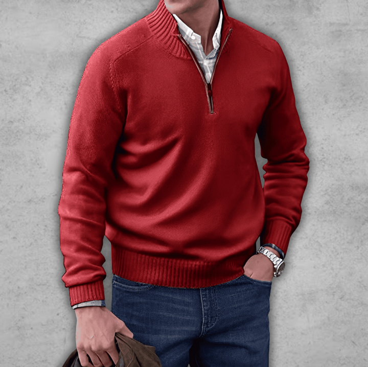 Weicher klassischer Herren-Pullover mit Viertelreißverschluss – gerippte Baumwolle
