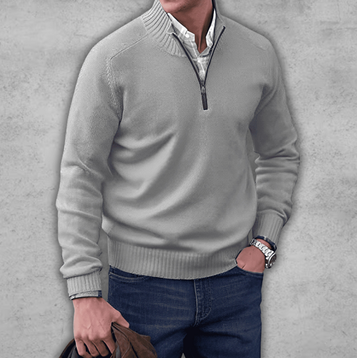 Weicher klassischer Herren-Pullover mit Viertelreißverschluss – gerippte Baumwolle