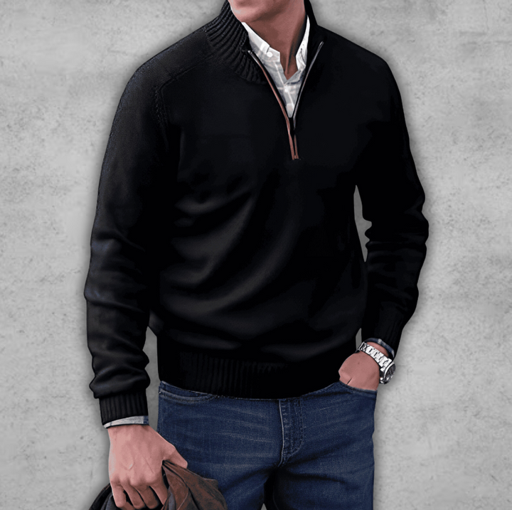 Weicher klassischer Herren-Pullover mit Viertelreißverschluss – gerippte Baumwolle