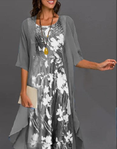 Women's Gray Printed Midi Dress with Elegant Overlay-The Yellow Prime