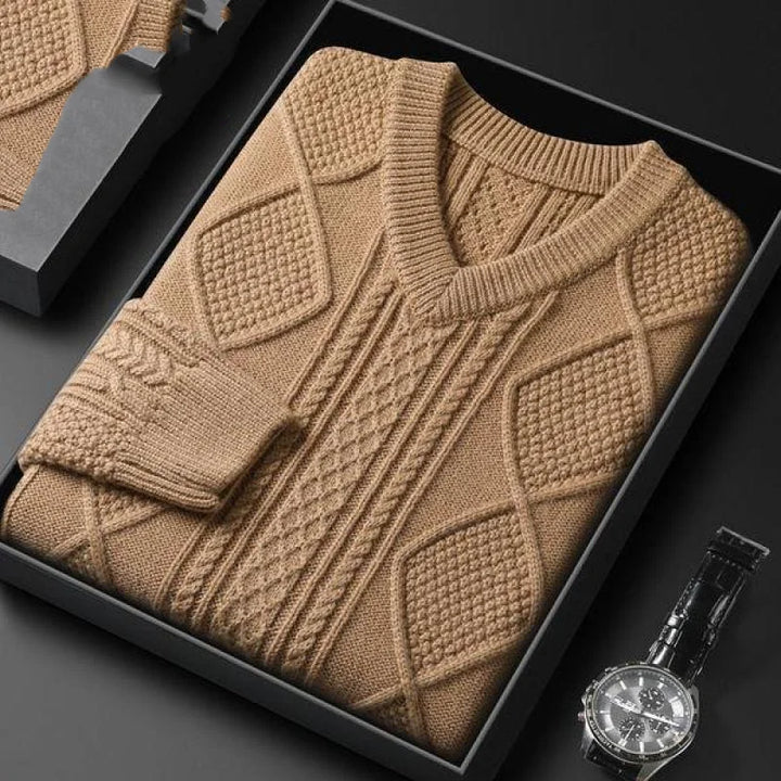 William | Men's Cable Knit V-Neck Wool Pullover Sweater