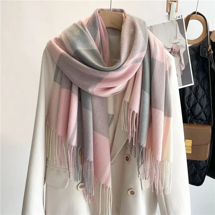Women's Oversized Check Scarf - Soft Wool with Fringed Edges-The Yellow Prime