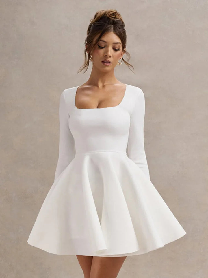 Women's Elegant White Mini Dress with Square Neckline-The Yellow Prime