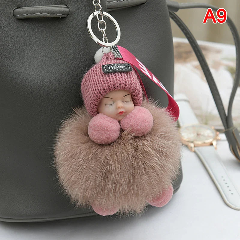 Women's Cute Pompom Sleeping Baby Plush Keychain Bag Charm-The Yellow Prime