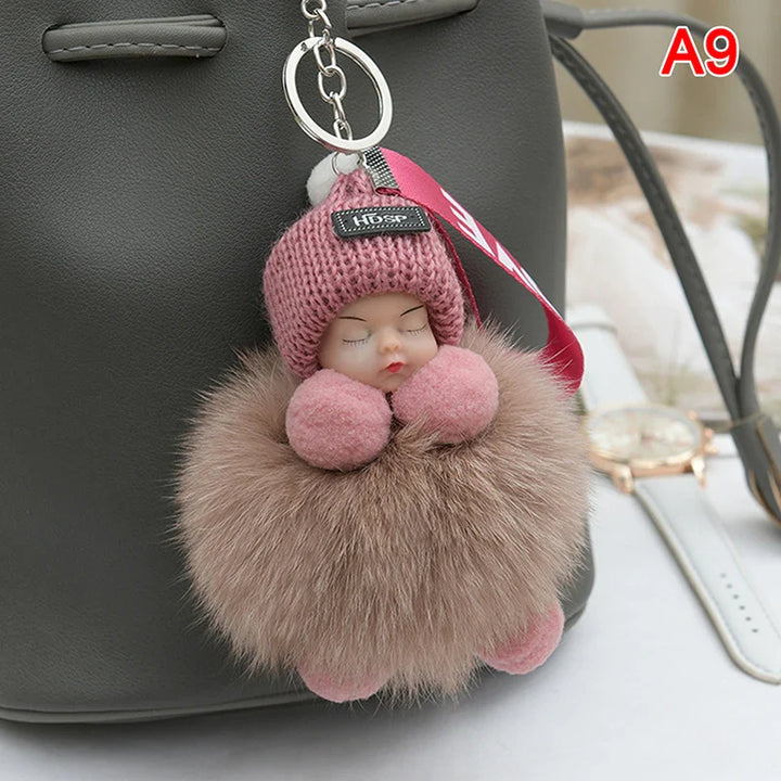 Women's Cute Pompom Sleeping Baby Plush Keychain Bag Charm-The Yellow Prime