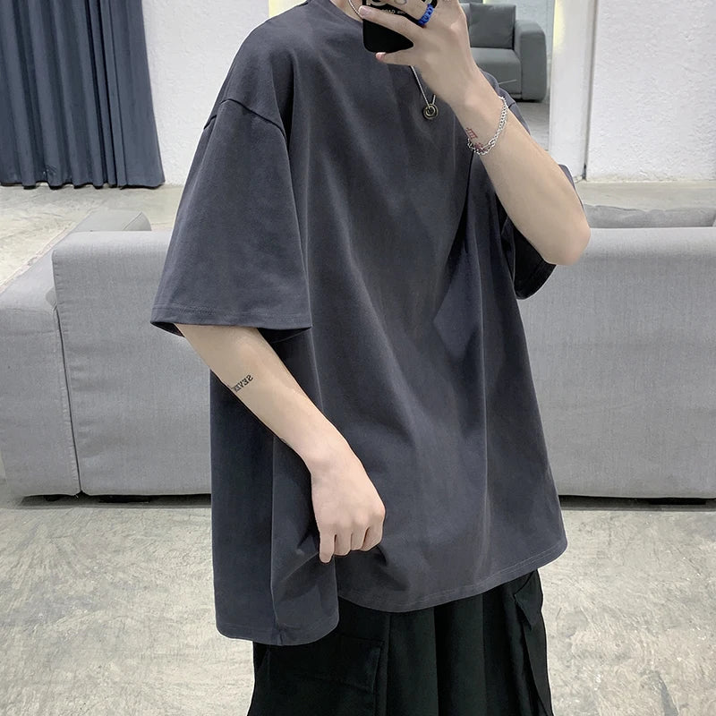 Men's Oversized Summer Short Sleeve Cotton T-Shirt in Solid Colors-The Yellow Prime