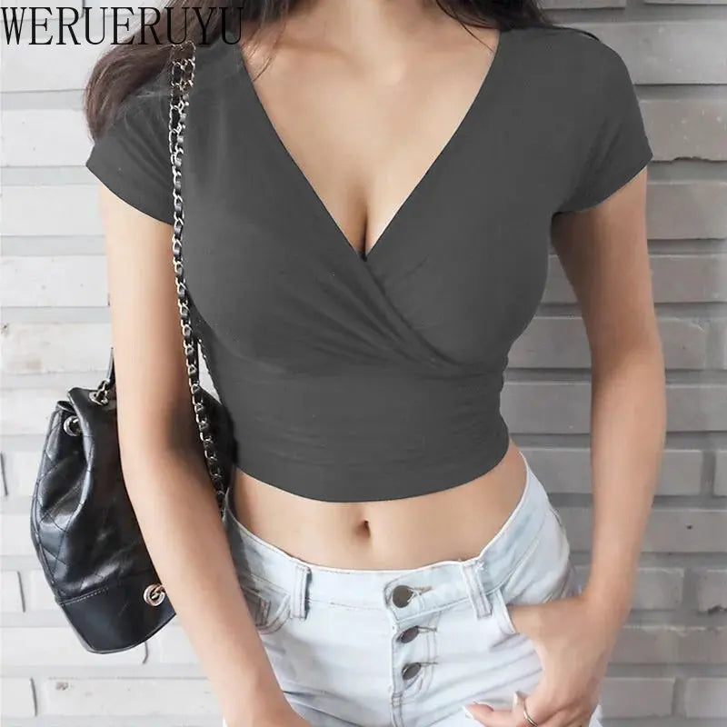 Women's Summer Black Sexy V-neck Crop Top Short Sleeve T-shirt-The Yellow Prime
