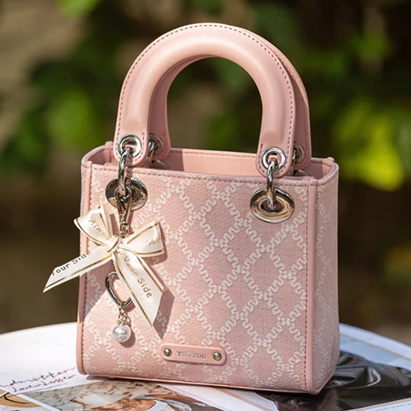 Women's Jacquard Bow Handbag with Pearl Accents