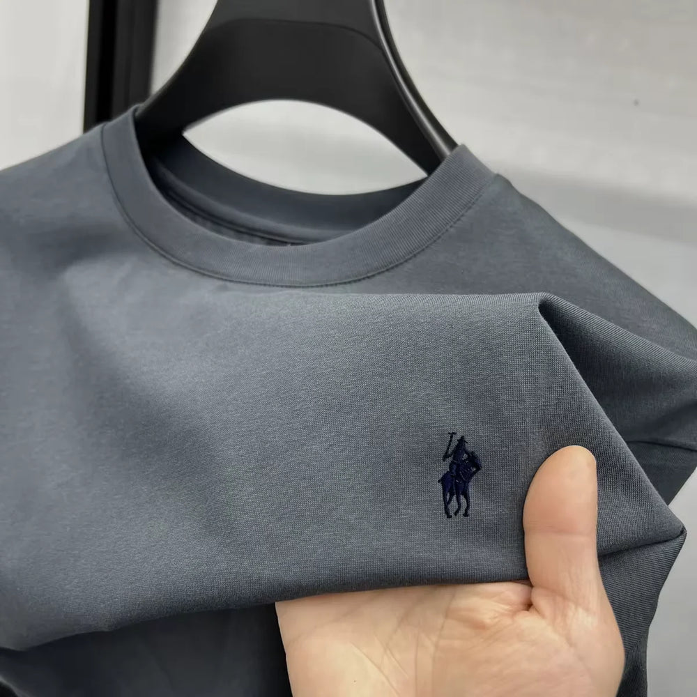 Men's Cotton Short Sleeve Round Neck T-Shirt with Pony Embroidery-The Yellow Prime