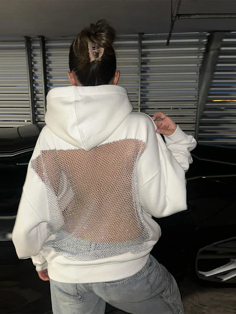 Women's Oversized Relaxed Hooded Pullover with Mesh Back for Streetwear-The Yellow Prime